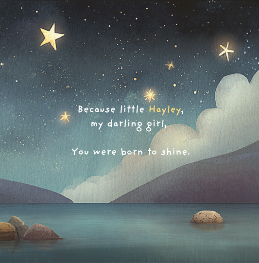 She is Born to Shine personalised book cover showing child's name