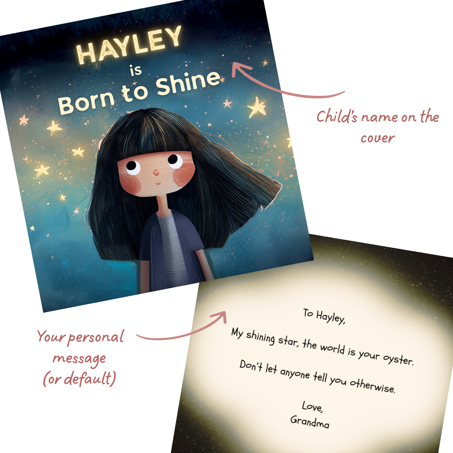 Inside spread of Born to Shine personalised girls' storybook with personal message and dedication 