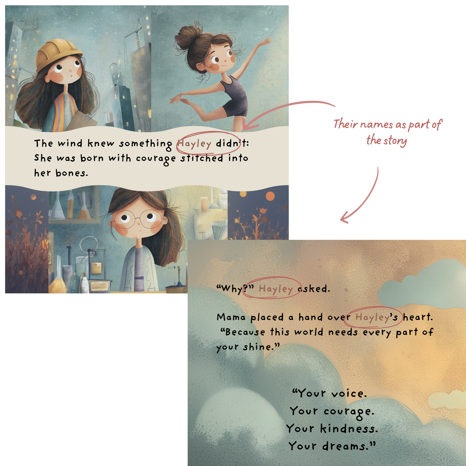 Born to Shine personalised book with girl i  different occupations showing that they can be anything they want to be. 