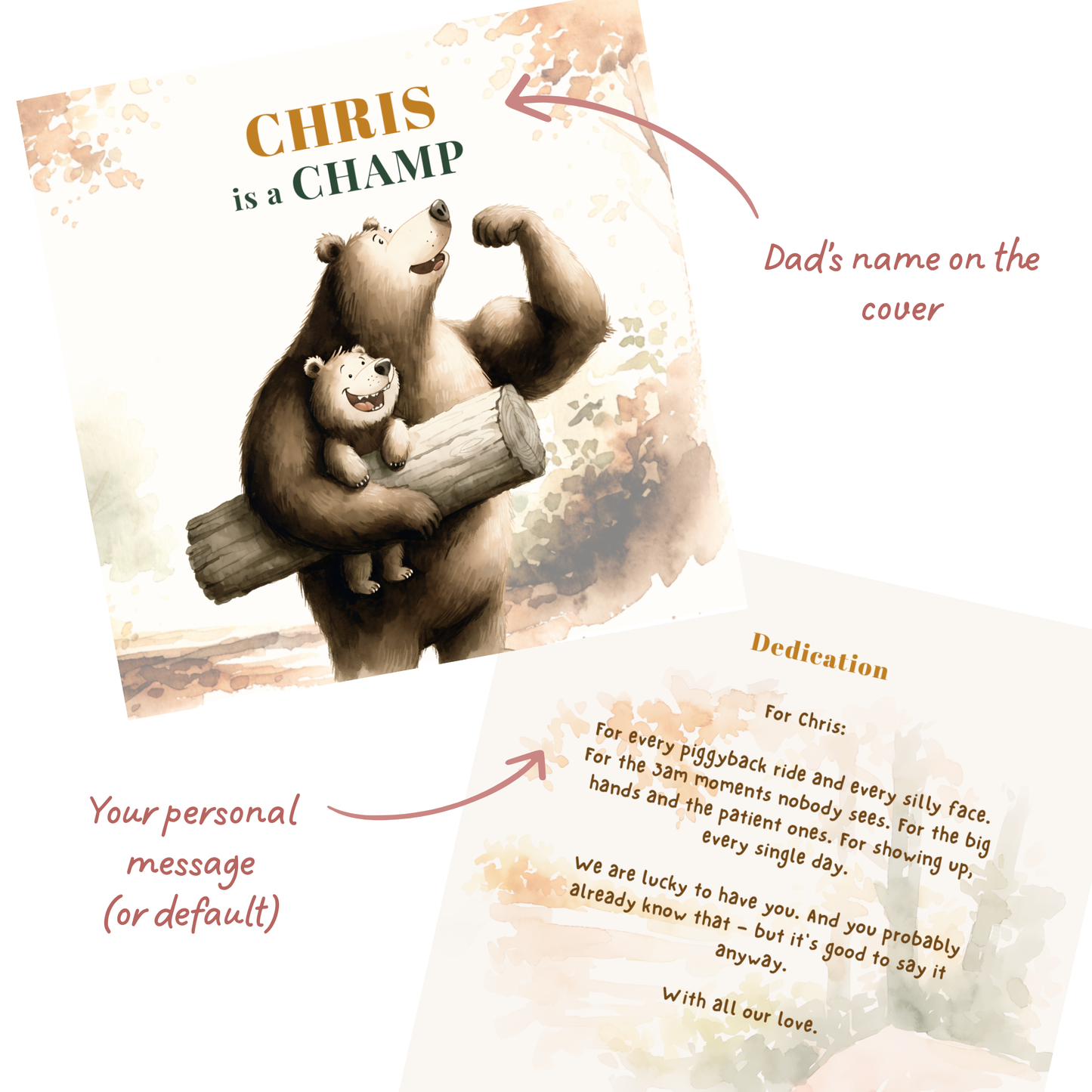 Illustration of a bear holding a cub with text on a white background and a dedication page allowing customised message from the gift giver. 