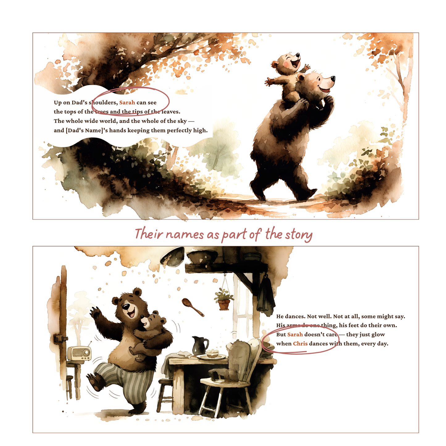 Illustrated book page with a bear character dancing, featuring text and watercolor effects.Inside page of Dad is a Champ personalised book
