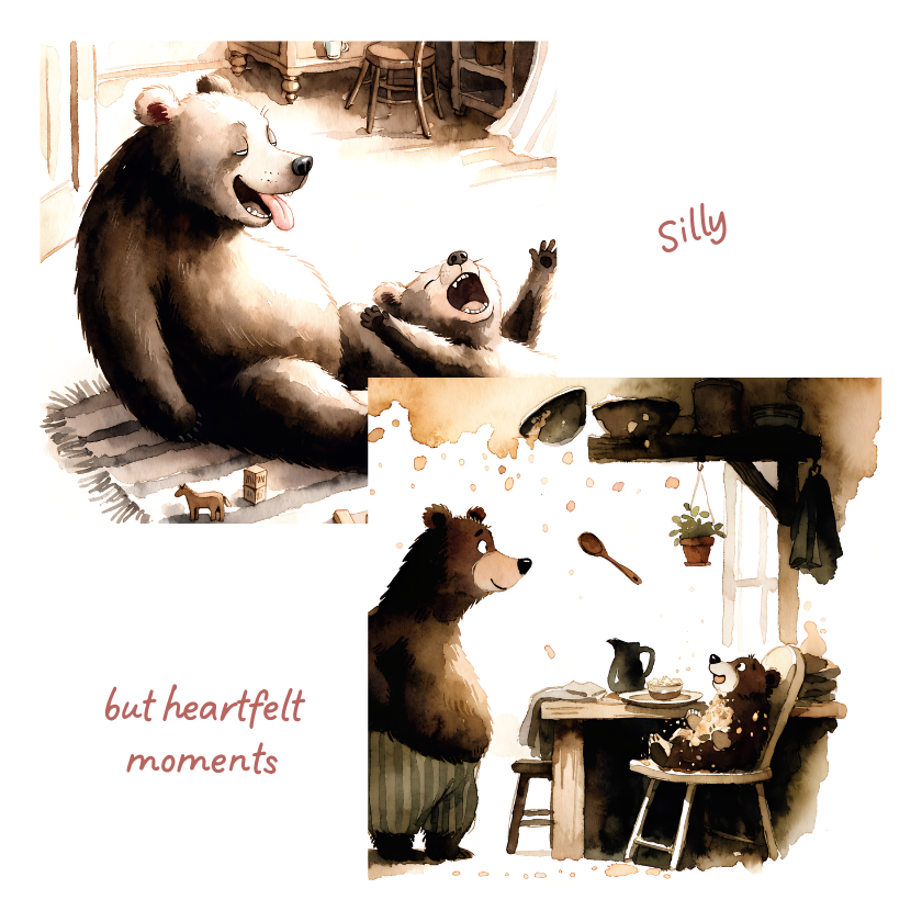 Illustration of two bears in a cozy room with text 'Silly' and 'but heartfelt moments'.