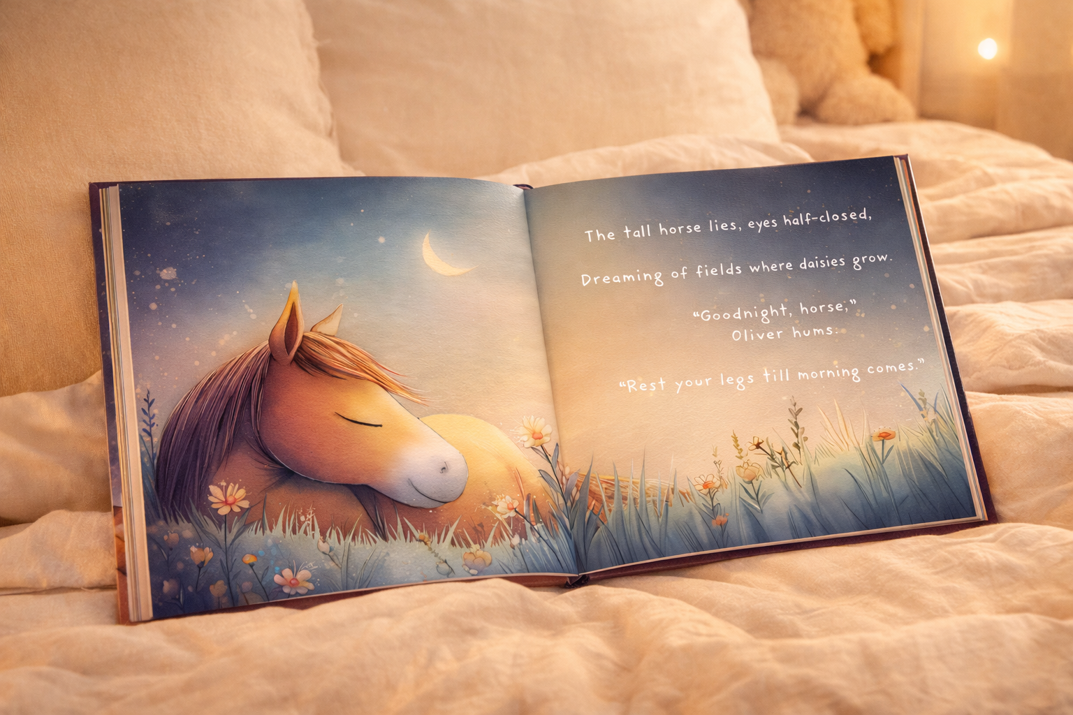 Open book with a horse illustration and text on a soft surface