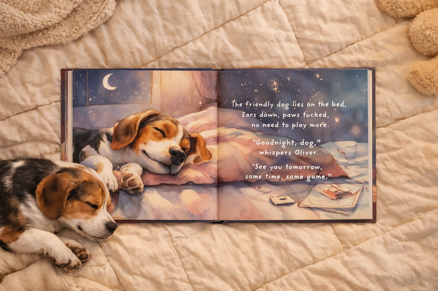 Open book with illustrations of two dogs and text on a bed