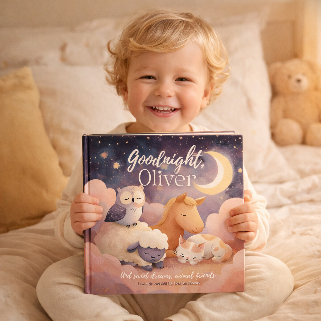 Child holding a book titled 'Goodnight, Oliver' with animal illustrations on a soft surface.