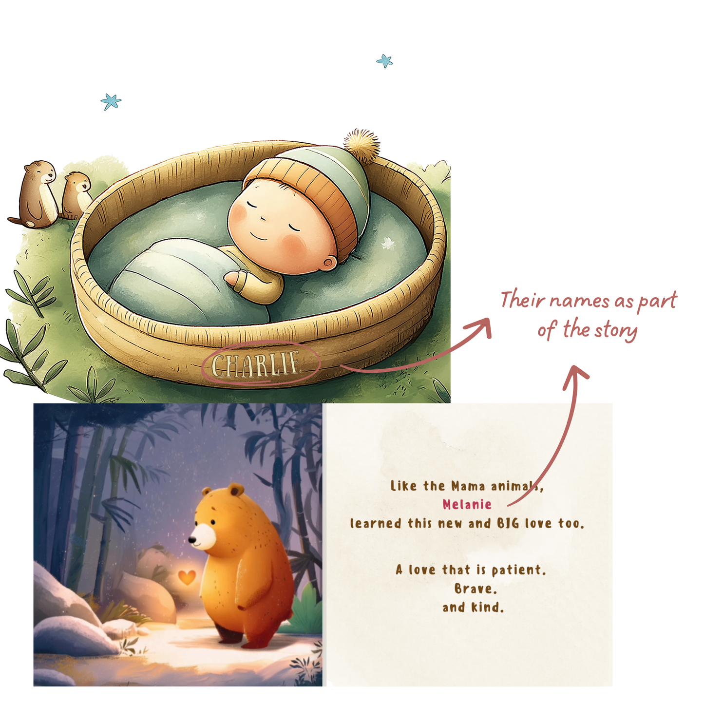 Illustrations of a baby in a crib and a bear in a forest with text overlay.