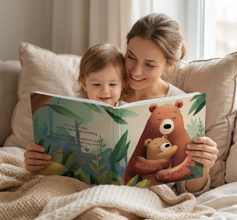 Woman and child reading a book together on a couch