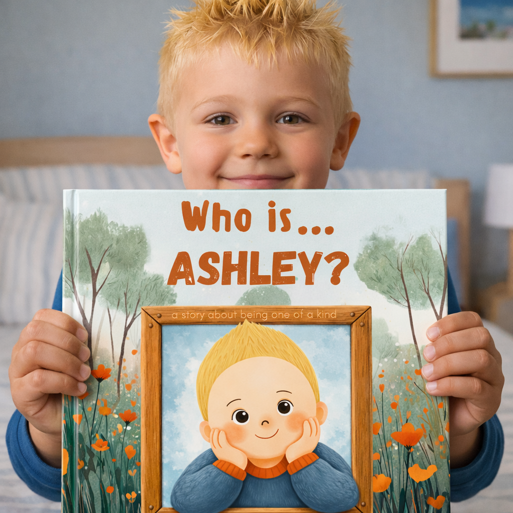 Child holding a book titled 'Who is... Ashley?' with a forest cover