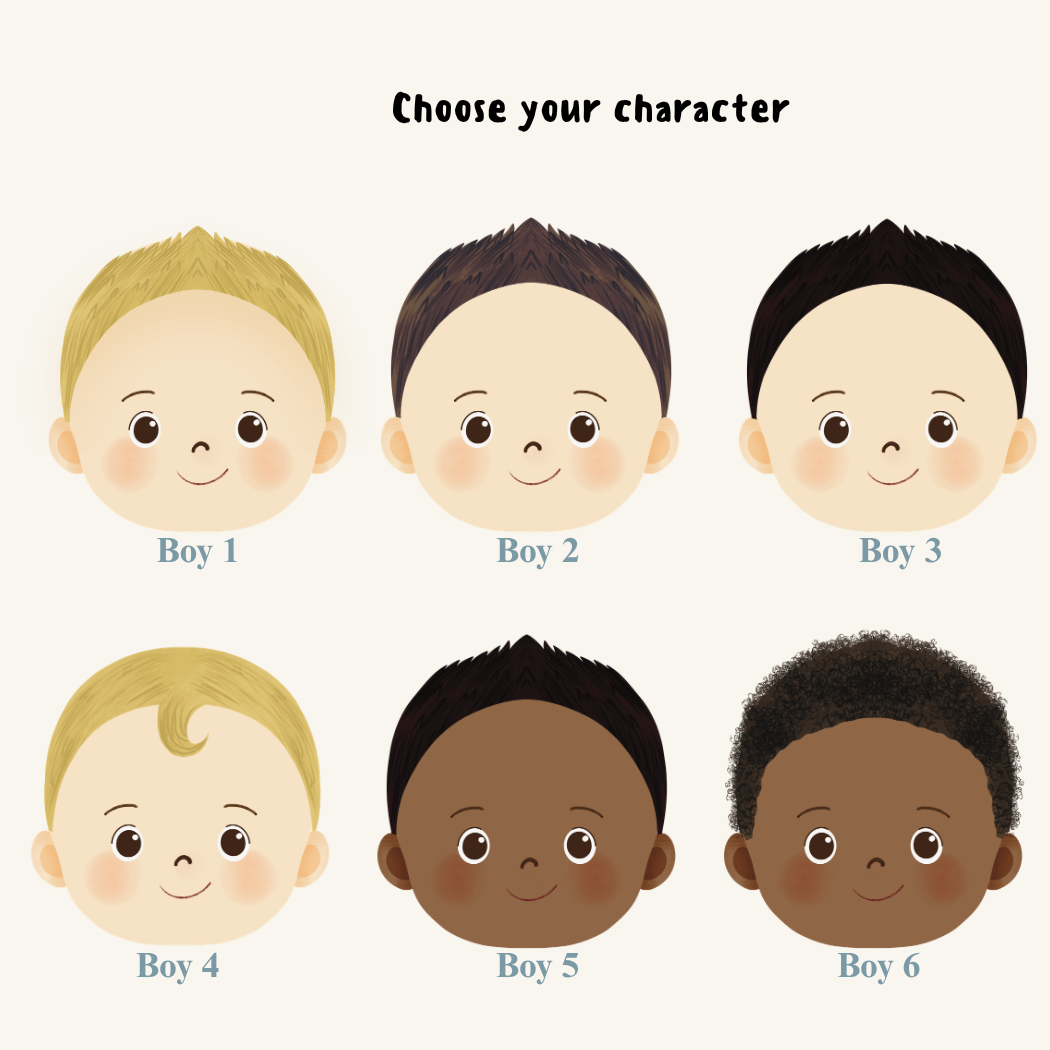 Set of six cartoon boy characters with different hairstyles and skin tones on a white background. Character options for personalised storybook
