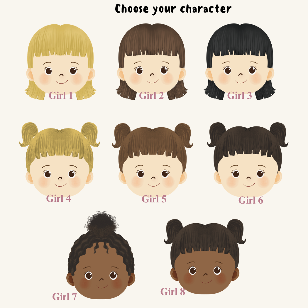 Illustrations of eight different hairstyles for girls on a white background. Character options for personalised storybook
