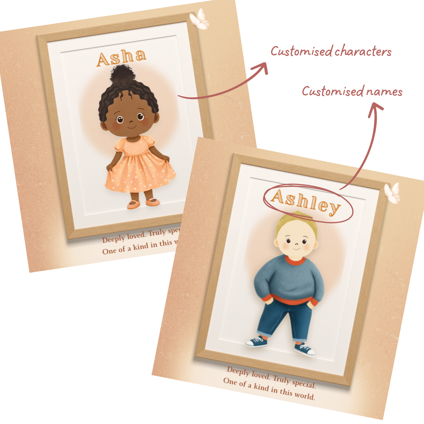 Two personalized character cards with 'Asha' and 'Ashley' on a white background, for one of the pages in the customised storybook. 