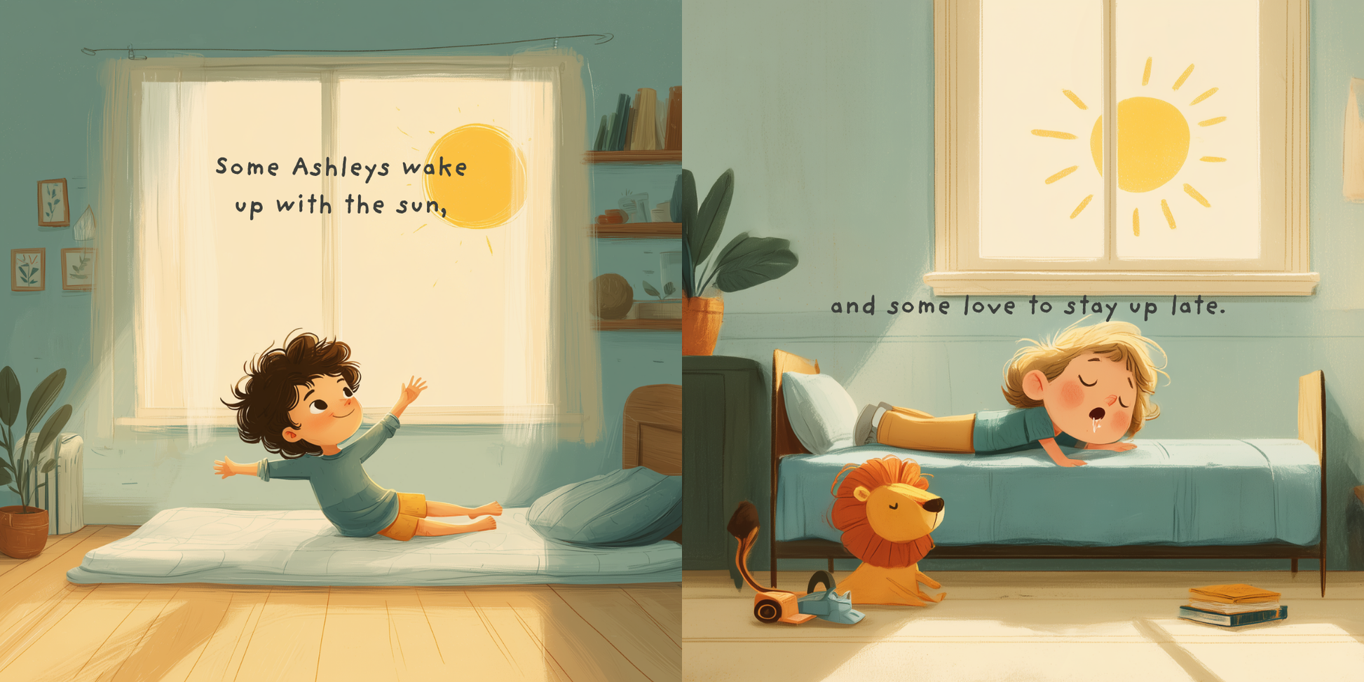 Illustration of two children in a bedroom with a sun graphic and text.