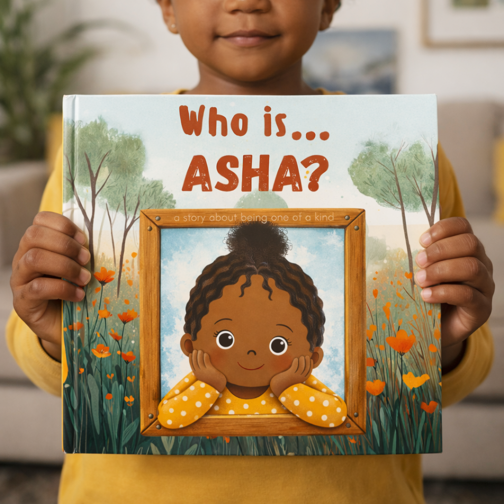 Child holding a book titled 'Who is Asha?' with a picture of a girl on the cover. Who Are You? — personalised children's book cover with custom name and character