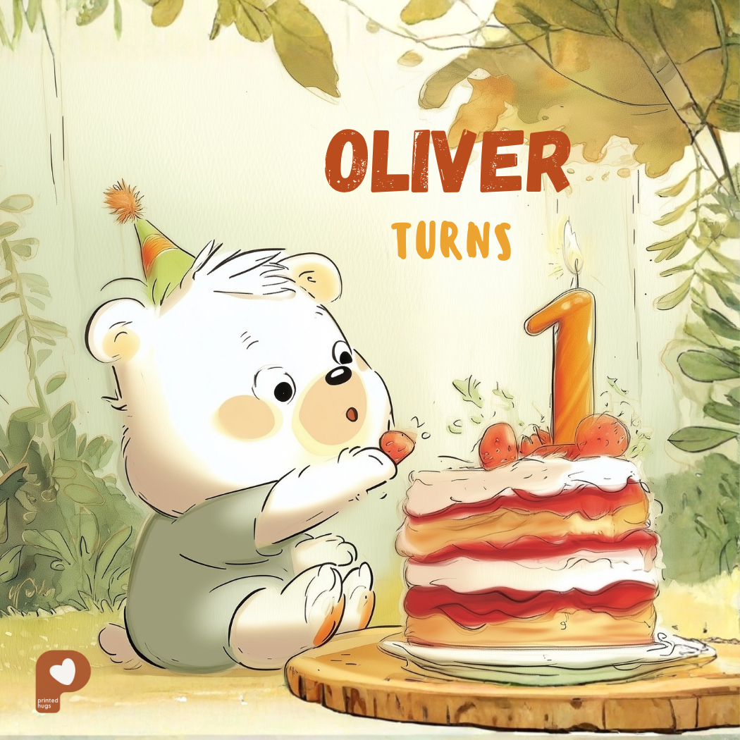 Illustration of a bear celebrating a first birthday with a cake and number one candle.