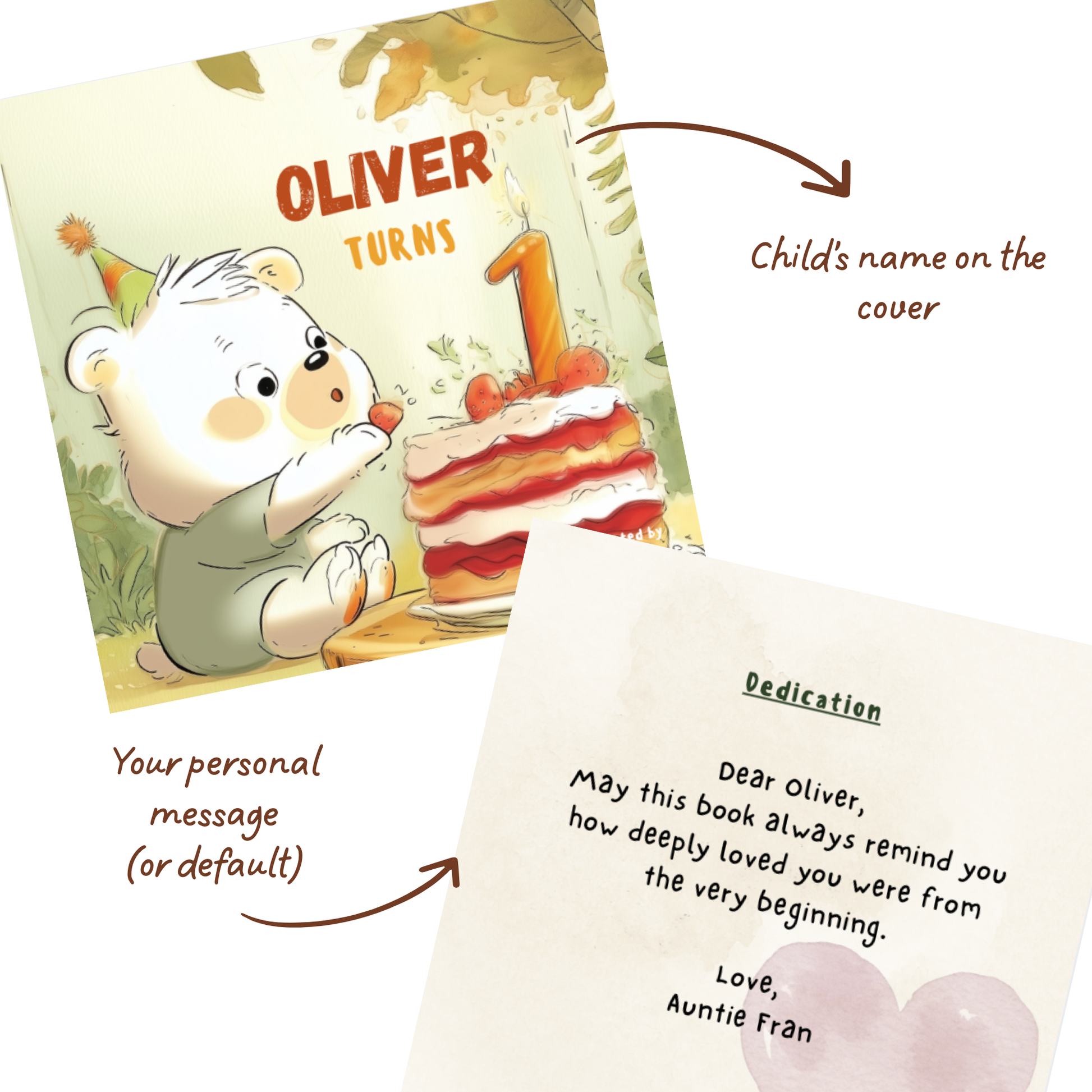 Children's birthday book with teddy bear and cake illustration, showing inside page with dedication message.