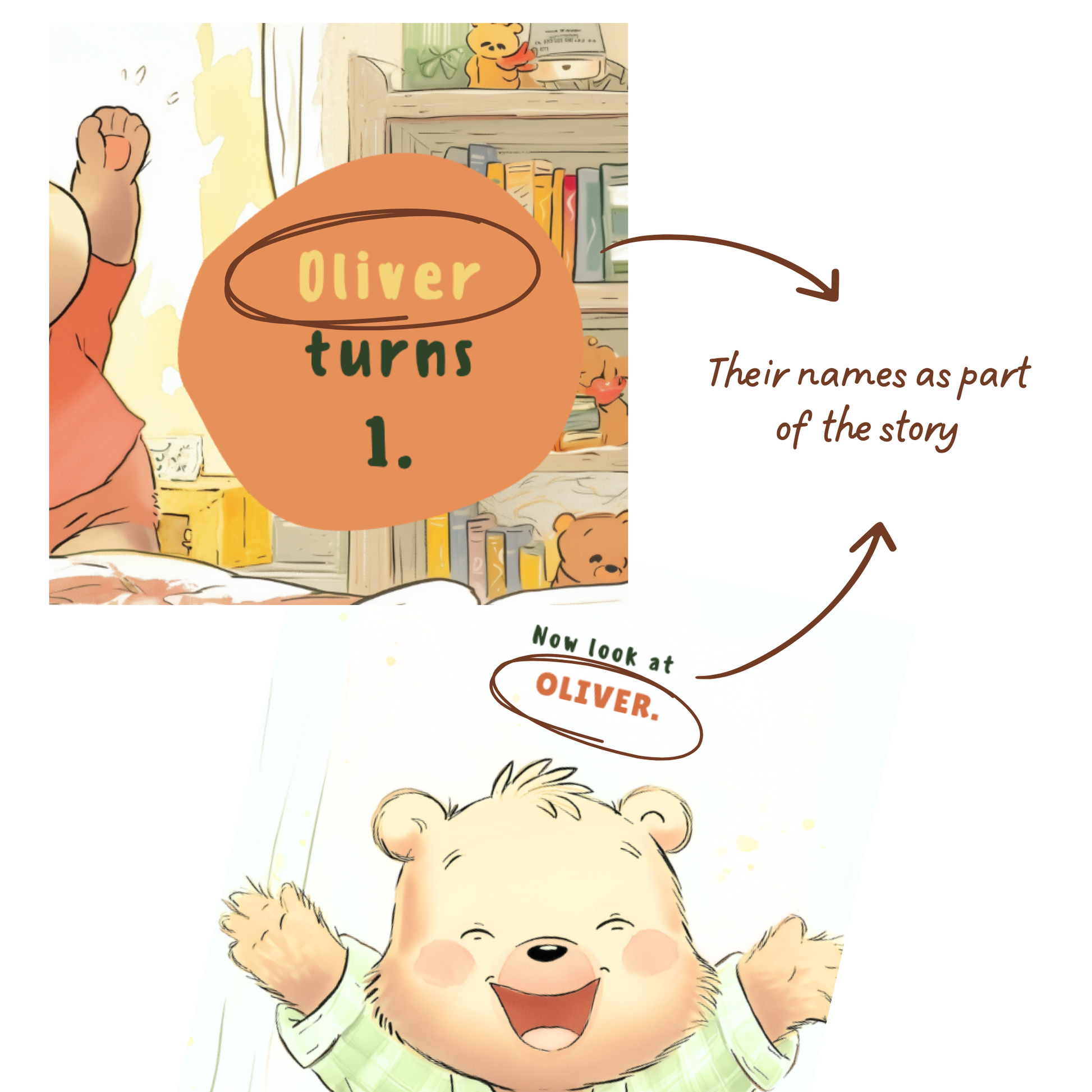 Illustration of a child celebrating a birthday with a bear character, featuring text about a first birthday celebration.