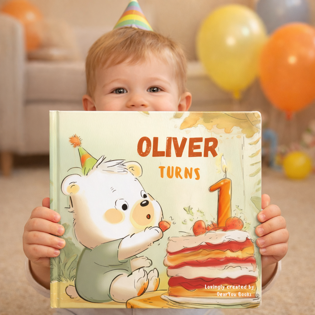 Child holding a book with a bear and cake illustration, celebrating a first birthday.