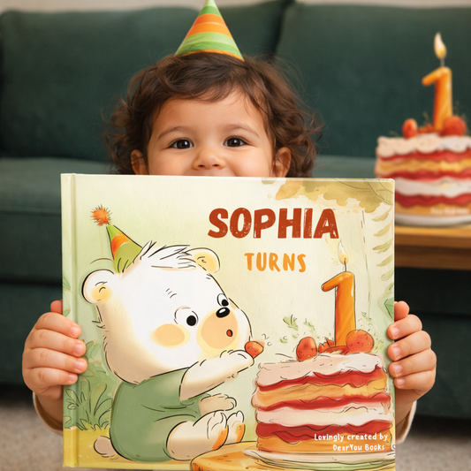 Child holding a book with a bear and cake illustration, celebrating a first birthday.